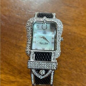 Victoria Wieck Silver and Black Rectangular Crystal Watch
